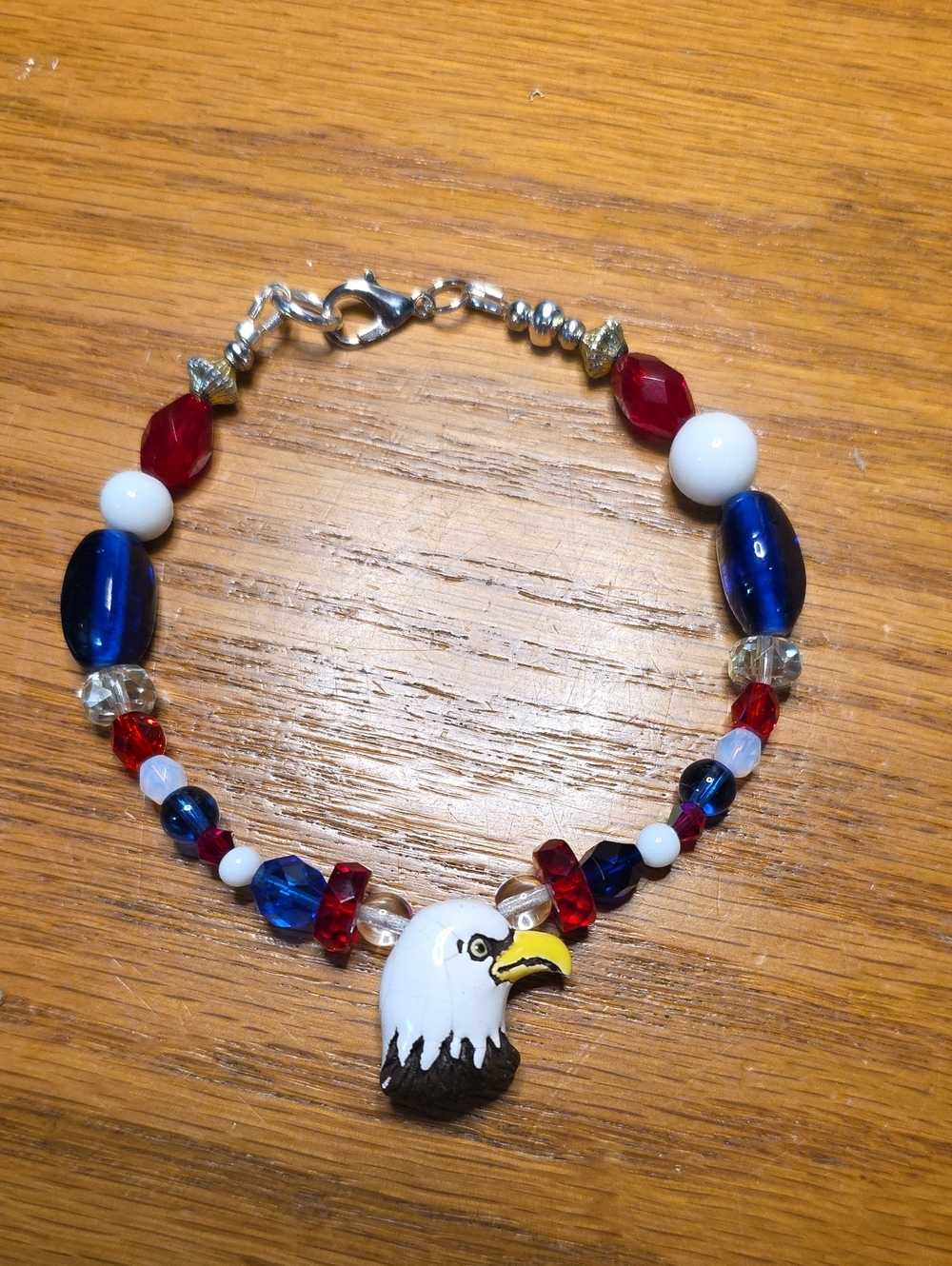 Patriotic Red White Blue Glass Beaded Eagle Charm Bracelet